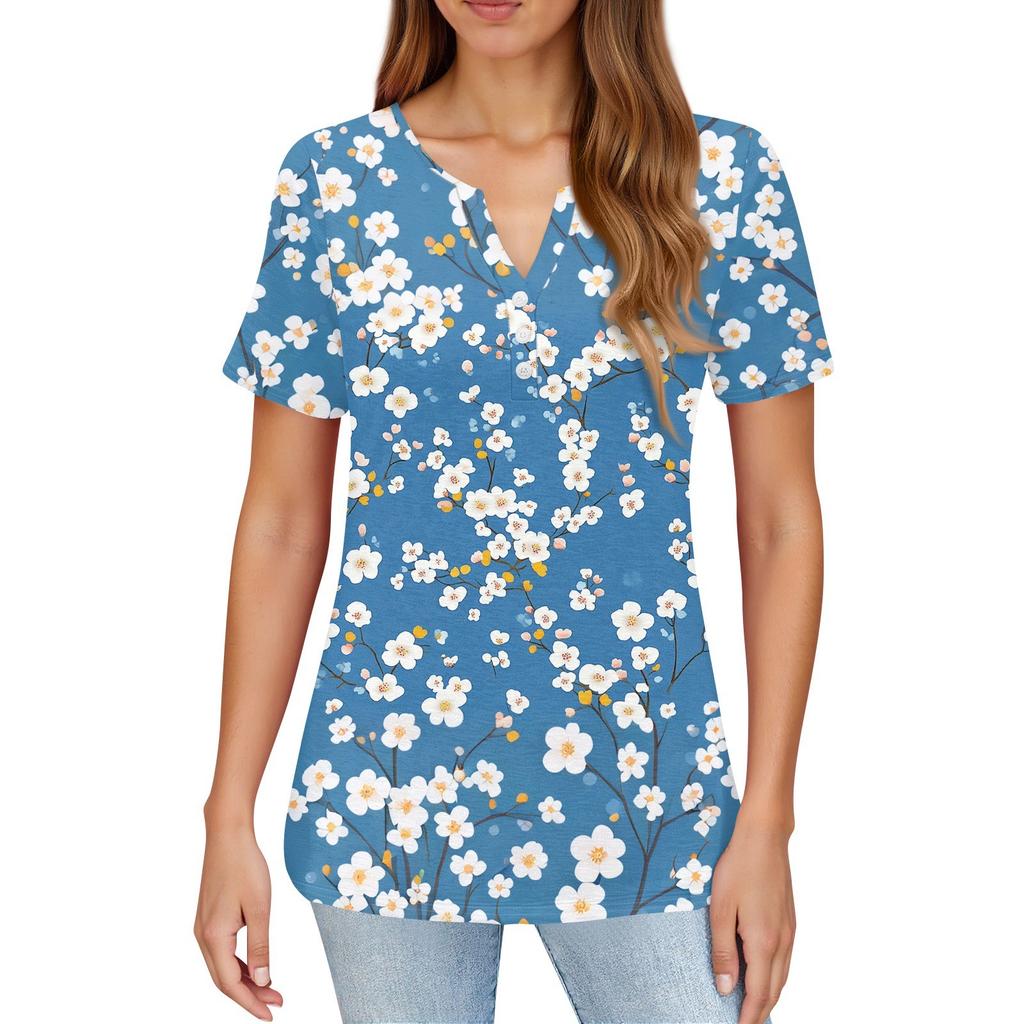Women's T Shirt Print Button Short Sleeve Daily Weekend Fashion Basic V- Neck Regular Top