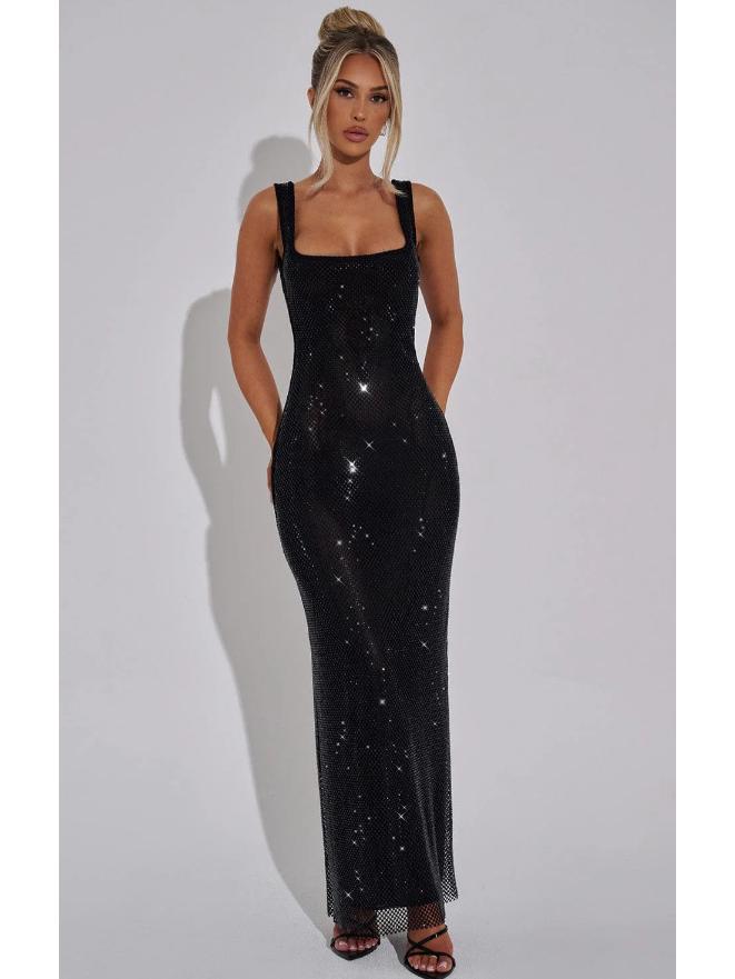 Elegant 2025 Sequin Rhinestone Bodycon Evening Dress with Double Shoulder Strap