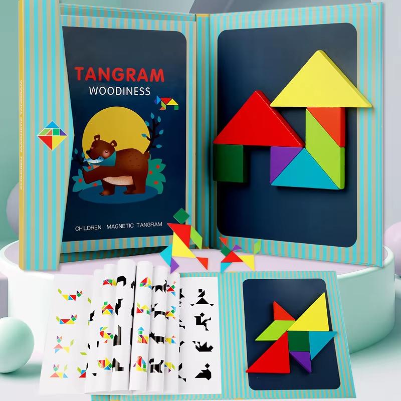Wooden Jigsaw Magnetic Tangram Puzzle Book Educational Toys For Children Baby Kid Portable Montessori Learning Intelligence