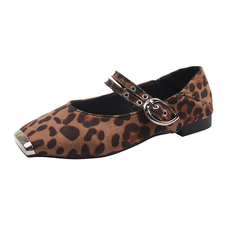 Fashion Studded One Strap Low Heel Shoes New Square Toe Shallow Mouth Leopard Suede Single for Autumn