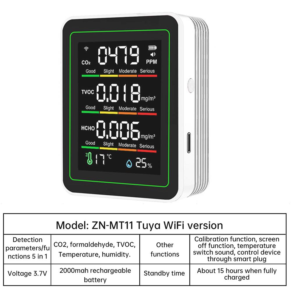 5-in-1 Air Detector Large Color Screen 30 Hours Battery Life Formaldehyde TVOC Temperature Humidity Meter CO2 Detector