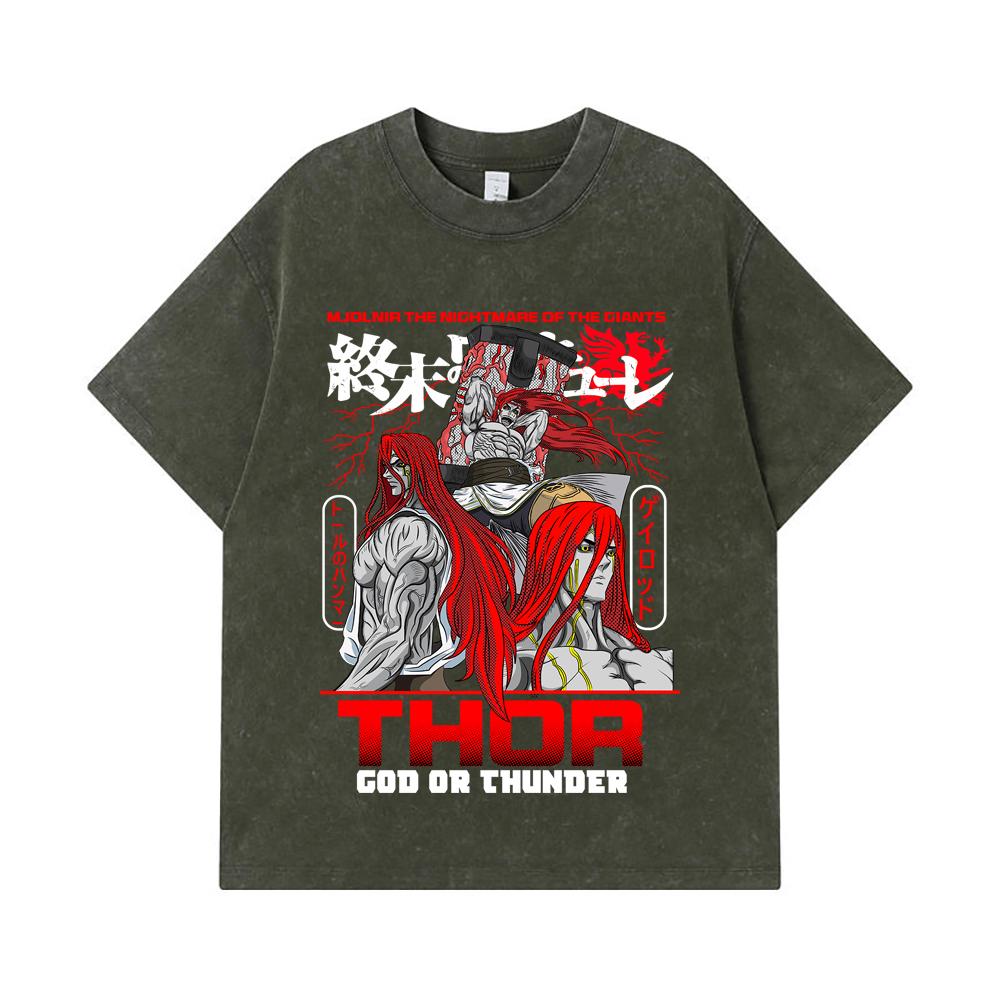 

Стиранные футболки 275 г/м² 100% Хлопок Запись о Рагнарёке V1 Принт Тора Унисекс Тяжелая хлопковая футболка S армия зеленый