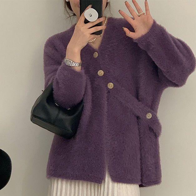 Women's Mid-Length V-Neck Mink Cashmere Cardigan Coat - Autumn/Winter