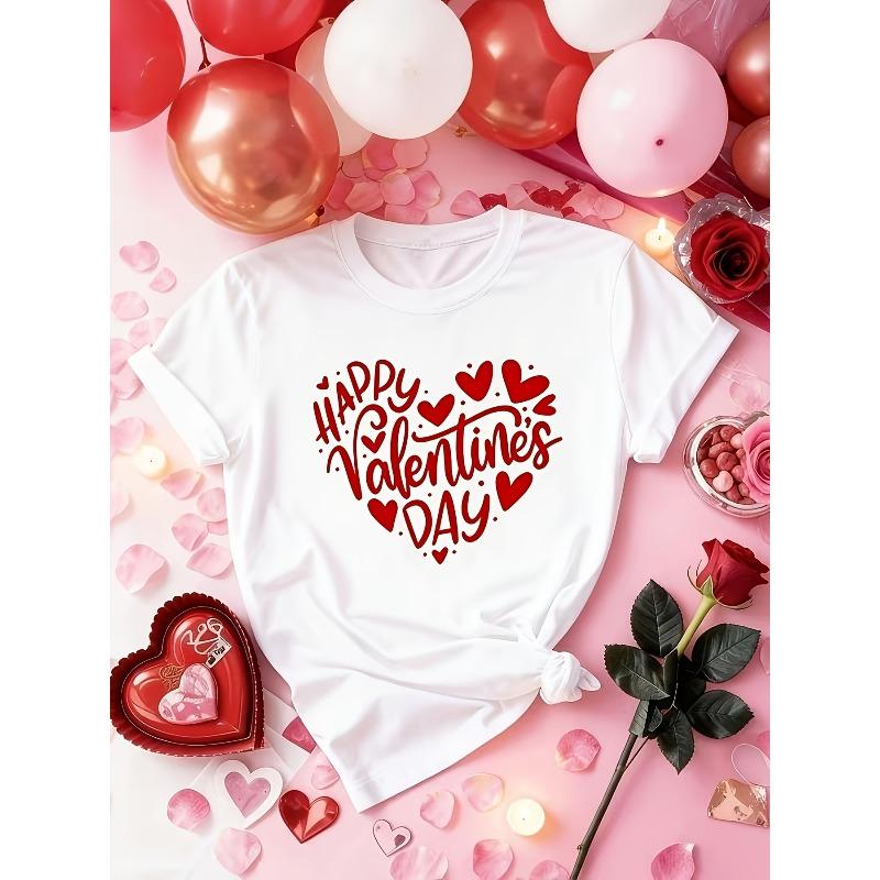 

European sizes Women s Valentine s Day Heart Print Love Letter T-Shirt - Casual Short Sleeve Round Neck Blouse Top 4XL