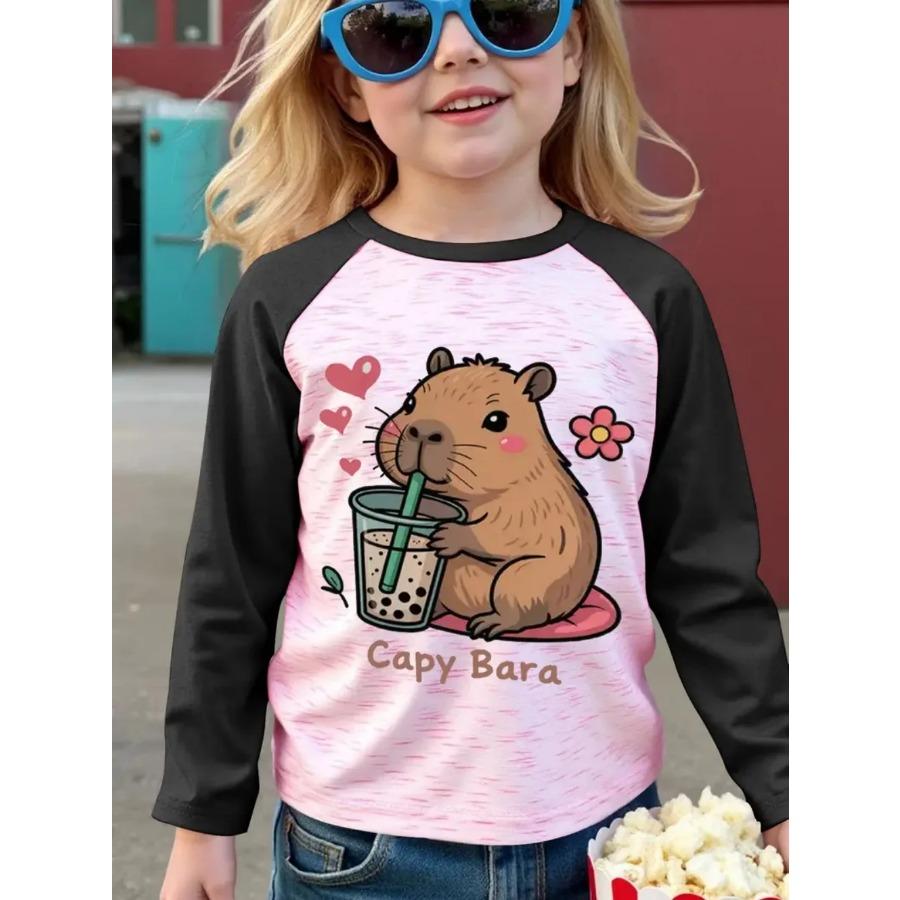 Capybara T-Shirts Children Cartoon Graphic Tee Harajuku Girl Tops Japanese Fashion Cute Animals Long Sleeves Children's Clothing