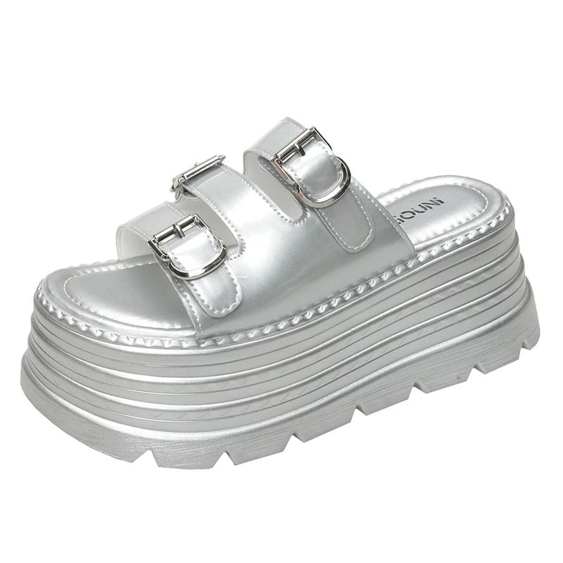 Fashion 8cm Microfiber Synthetic Leather Flats Summer Outside Peep Toe Women Sandal Slippers Woman Pumps High Platform Wedge Shoes