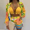 Summer Beach 3 stk Sett Antrekk Kvinner Mote Sexy Cardigan Bluse Topper + Shorts Sett Dame Uformell Lantermer Løse Korte Bukser Drakter Bladtrykksett