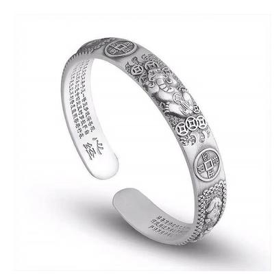 Carved Sanskrit Proverbs Bangles Men Jewelry Retro Buddhist Heart Sutra Silver Plated Bangle Women Six-Character Mantra Bracelet