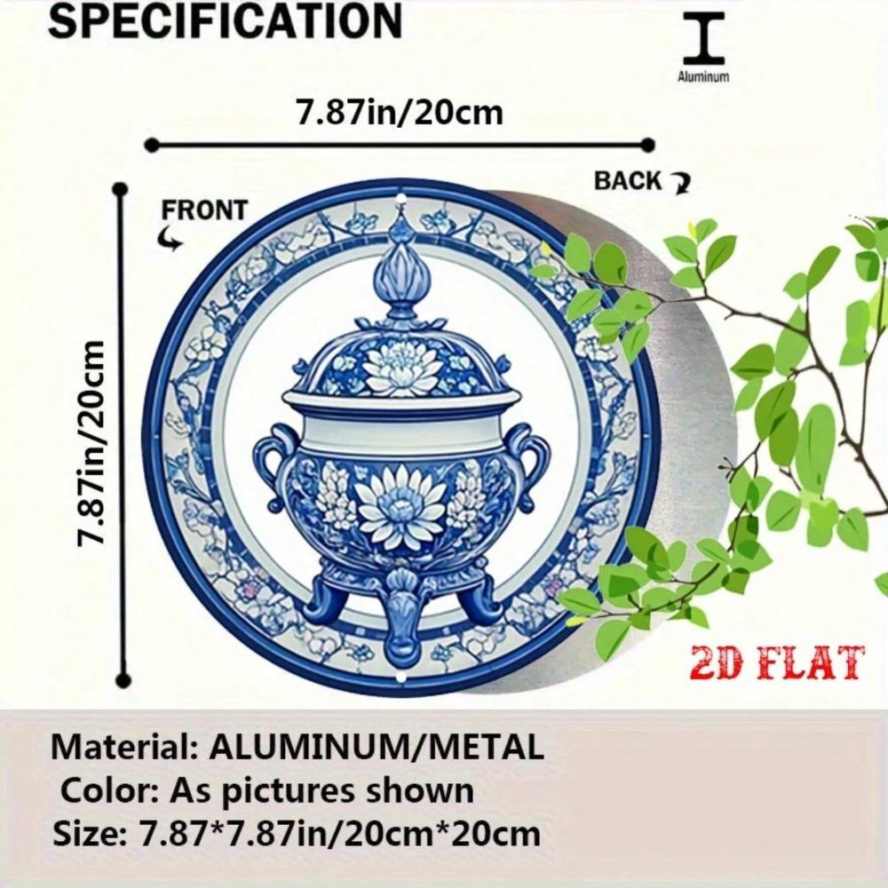 Vintage Blue White Porcelain Floral Metal Sign 7.8 Inch Round Rustproof Wall Decor For Cafe Beach Home Plate Art