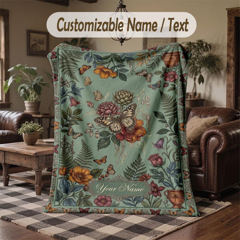 Butterflies Flowers Garden 14 Theme Throw Blanket Custom Name Text Personalized Blanket Soft Cozy Blanket for Home Sofa Bed