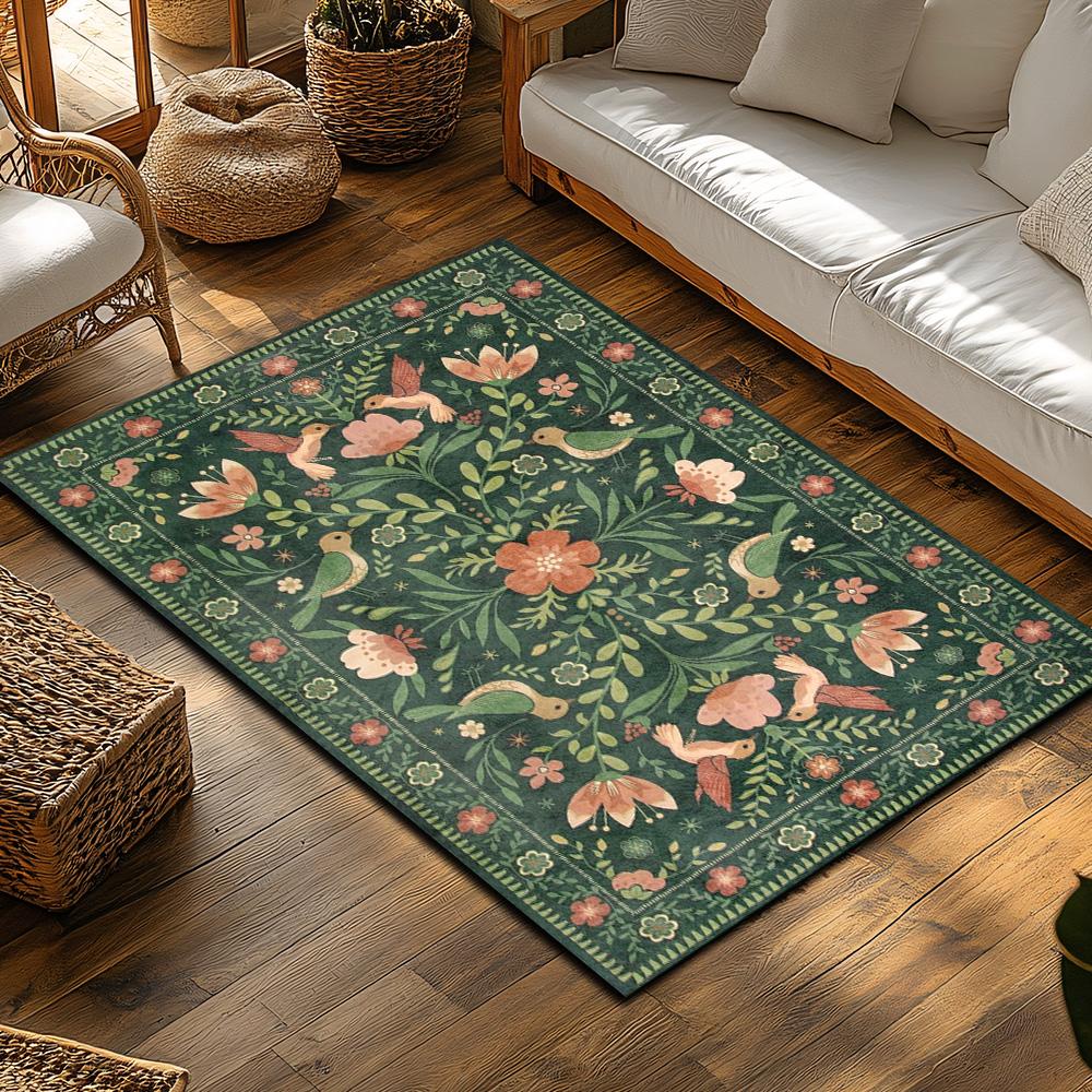 Dark Green Floral Bird Rug, Bohemian Garden Pattern Non-Slip Carpet, Pink Accent Living Room Mat for Nature Home Decor