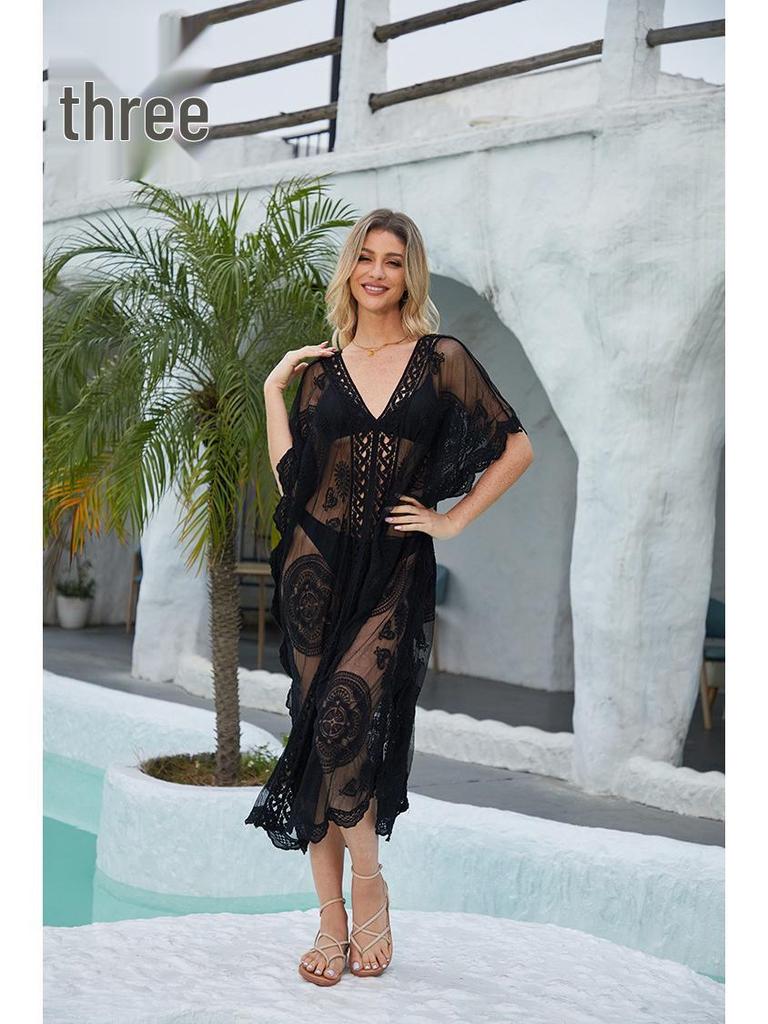 European & American Water-Soluble Embroidery Sexy Beach Cover-Up Shirt Dress for Women