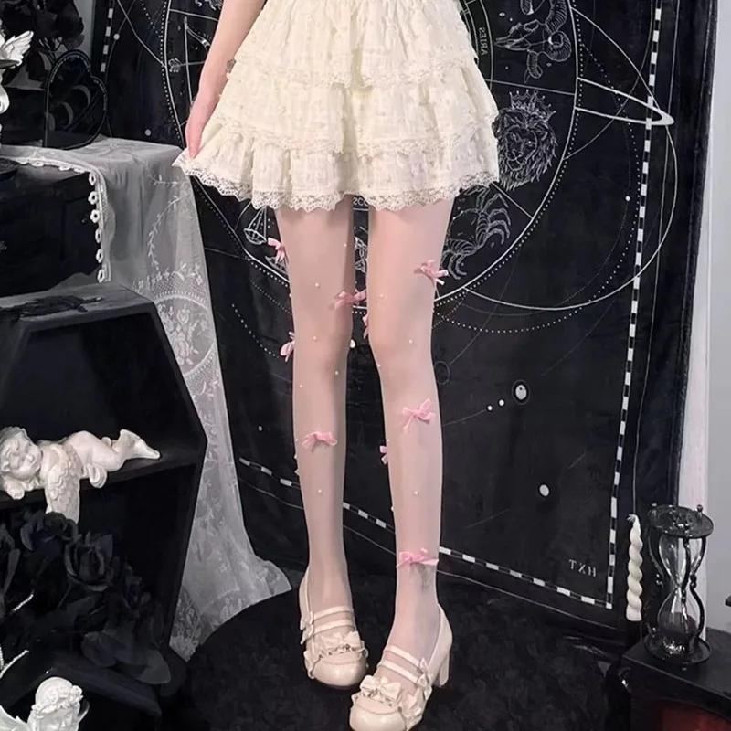 

Розовые бархатные колготки с вышивкой в виде бантиков и жемчужин, модные женские колготки в стиле JK Лолита, милые колготки для каваи-девочек One Size