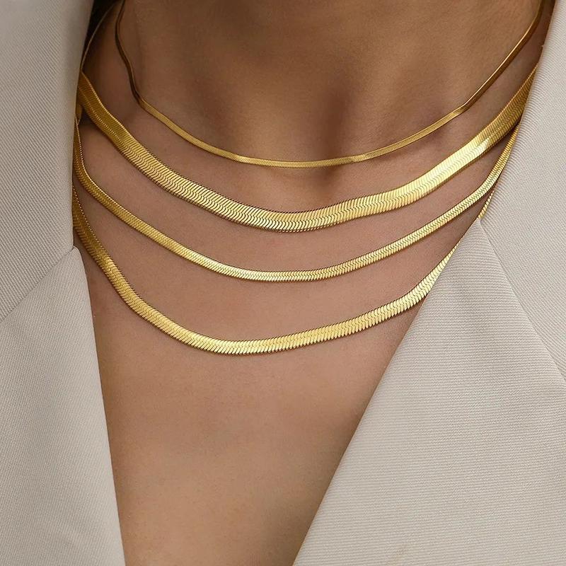 Classic Unisex Flat Snake Chain Choker Necklace For Women Stainless Steel Herringbone Gold Silver Color Fashion Jewelry Gift