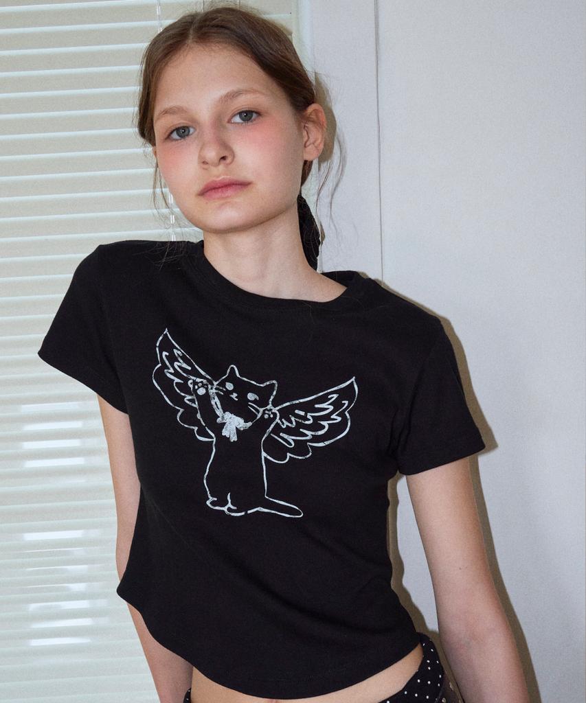 Loginaenloji Angel Cat Printed T-Shirt Black