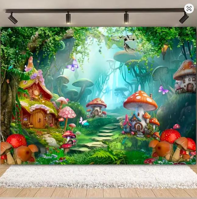 Fantasy Wonderland Jungle Mushroom House Fairy Tale Magic Photography Background Children's Birthday Party Decoration Background
