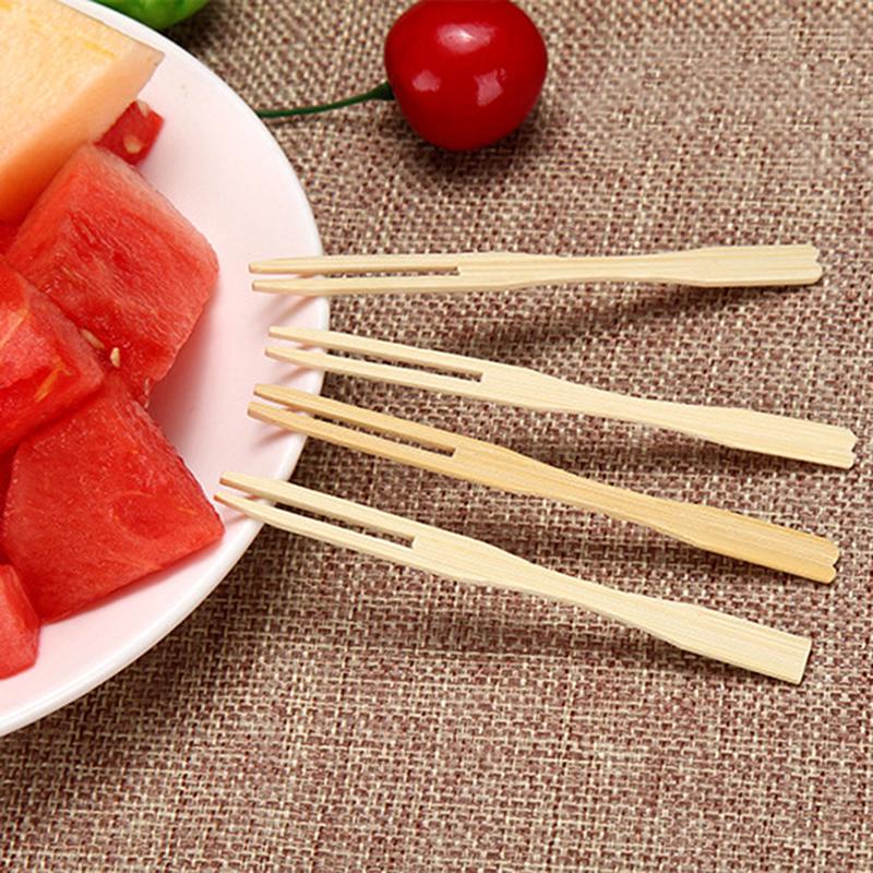 100Pcs/Set Bamboo Cocktail Forks Bbq Fruit Pick Beige 9Cm Stick Skewers