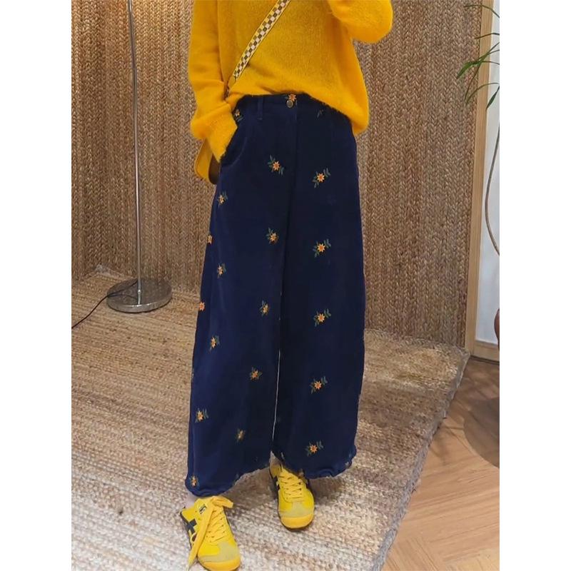 

2025 Women s High-Waisted Floral Corduroy Wide-Leg Pants - Slimming & Versatile Autumn/Winter Style S