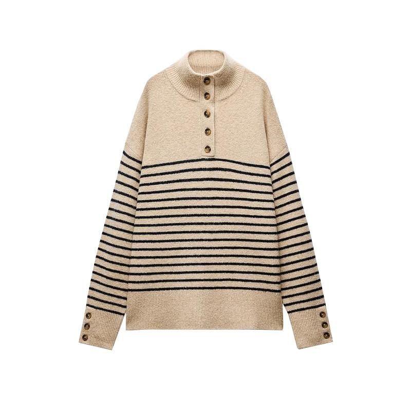 Fall and Winter New Women's Clothing Fashion Wind Decorated Row Button Stripes Stand Collar Long Sleeves Knitwear Sweater 1509107