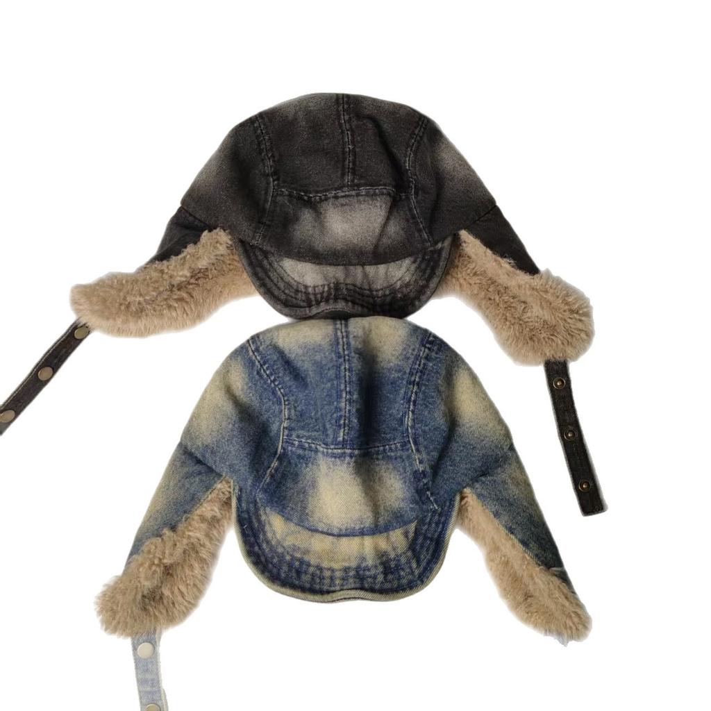 Schwere Industrie gewaschener Denim rauchgrau weicher Schirm Lei Feng Mütze Winter verdickt Lammwolle modisch nordöstlicher Gehörschutz