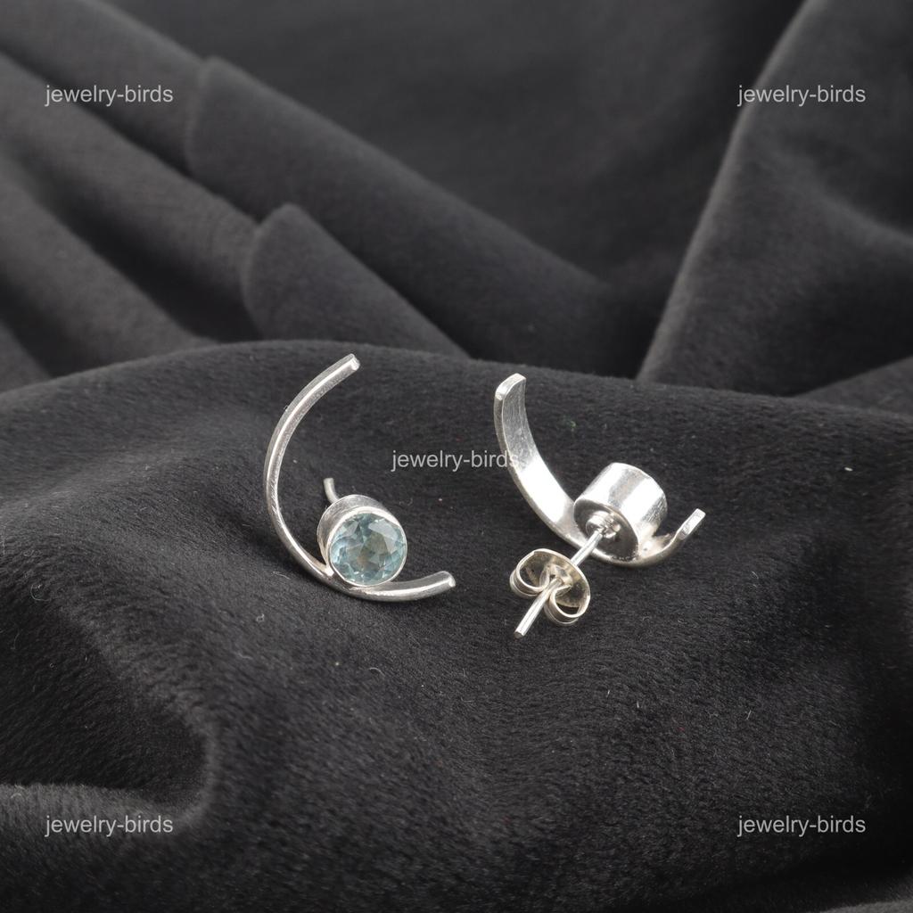 Round Sky Blue Topaz Stone Sterling Silver Ethnic Stud Post Butterfly Earrings EE-145-1