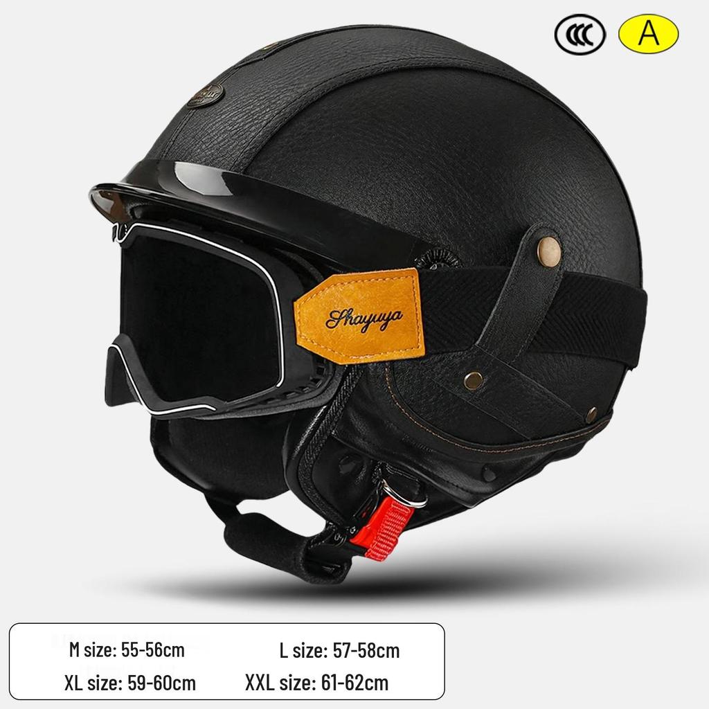 3C Certified Retro Motorcycle Half Helmet, Unisex Leather 3/4 Helmet, All-Season Warm Safety for Motorbikes & Electric Vehicles.