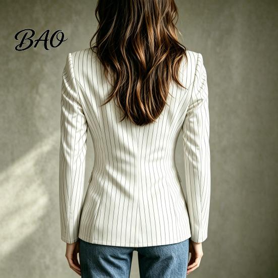 Women Slim Fit Blazer Stand Collar Striped Blazer, Single-Breasted Casual Jacket Blouse Top, Office Business Outerwear Slimming Waist Coat