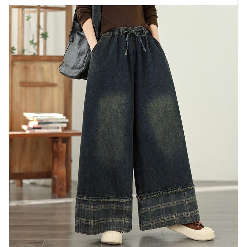 DIMANAF 2026 Summer New Plus Size Women Jeans Elastic Waist Long Pants Loose Casual Denim Cotton Trousers Plaid