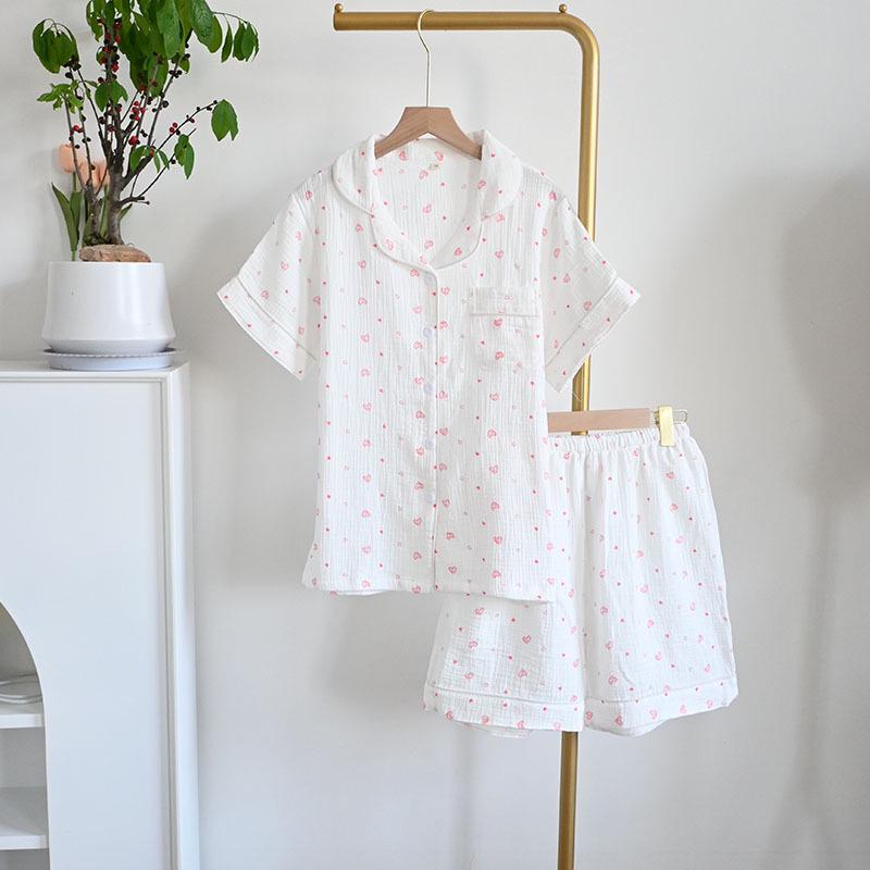 Damski letni zestaw piżamowy z czystej bawełny - Słodki, Przewiewny, Krótki rękaw i Szorty