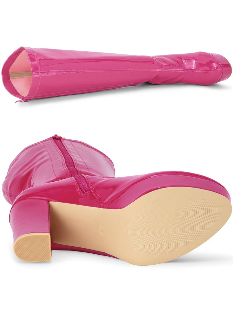 Allegra K Women's Patent Leather Platform Chunky Heel Knee-High Boots, Hot Pink, Size 24.5cm