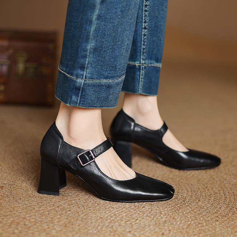 Krazing Pot Módní jarní a podzimní boty s hrubým podpatkem a přezkami, dámské boty Mary Janes s čtvercovou špičkou a lodičky z kravské kůže