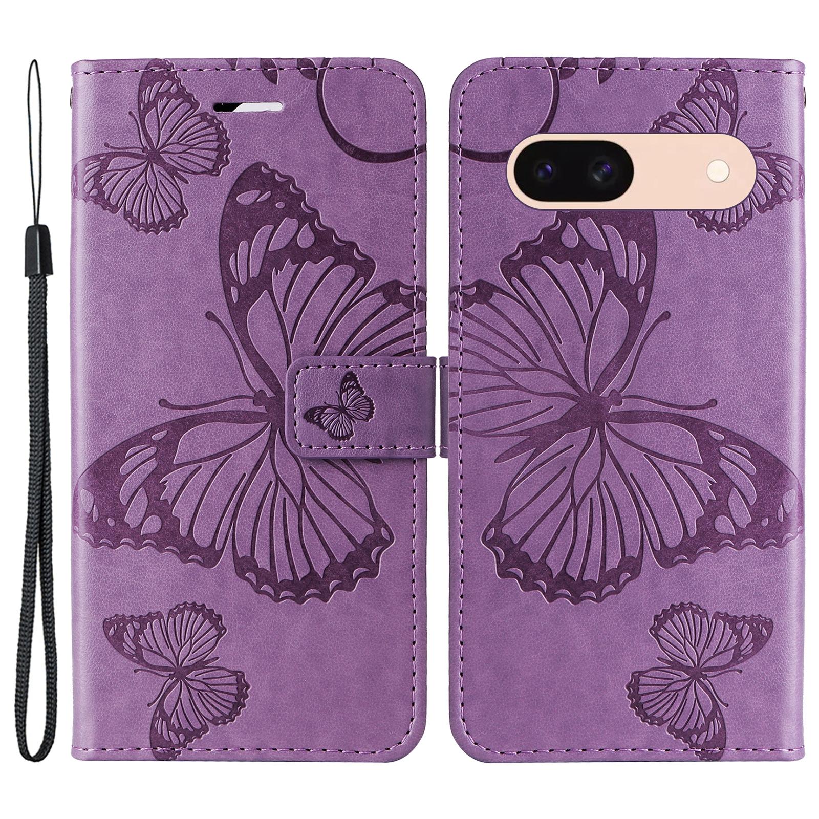 

For Google Pixel 8a Wallet Case Floral Butterfly Imprinted Leather Phone Cover Stand Purple
