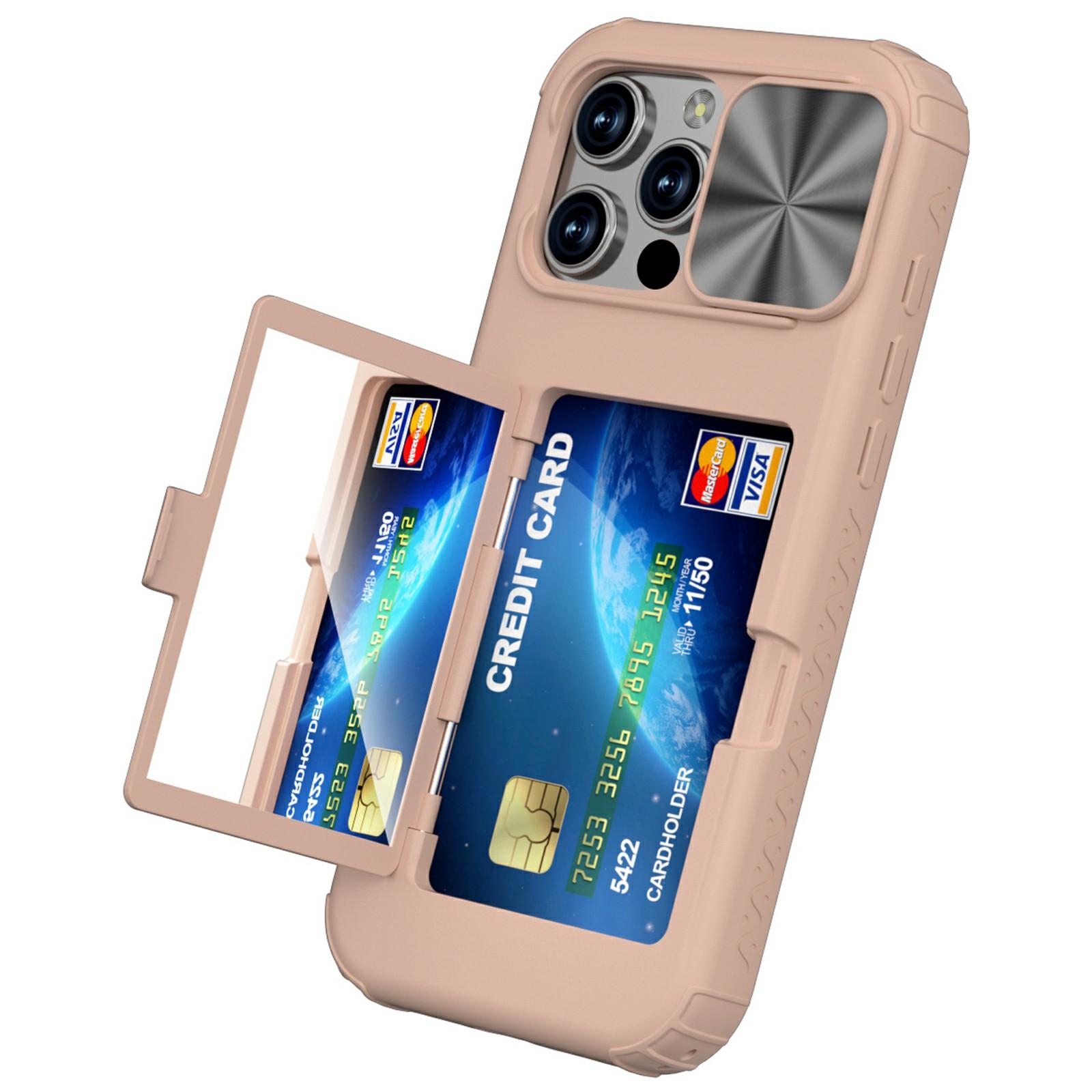 

For iPhone 16 Pro Max Case Card Holder Mirror PC+TPU Phone Shell with Lens Cover Rose Gold