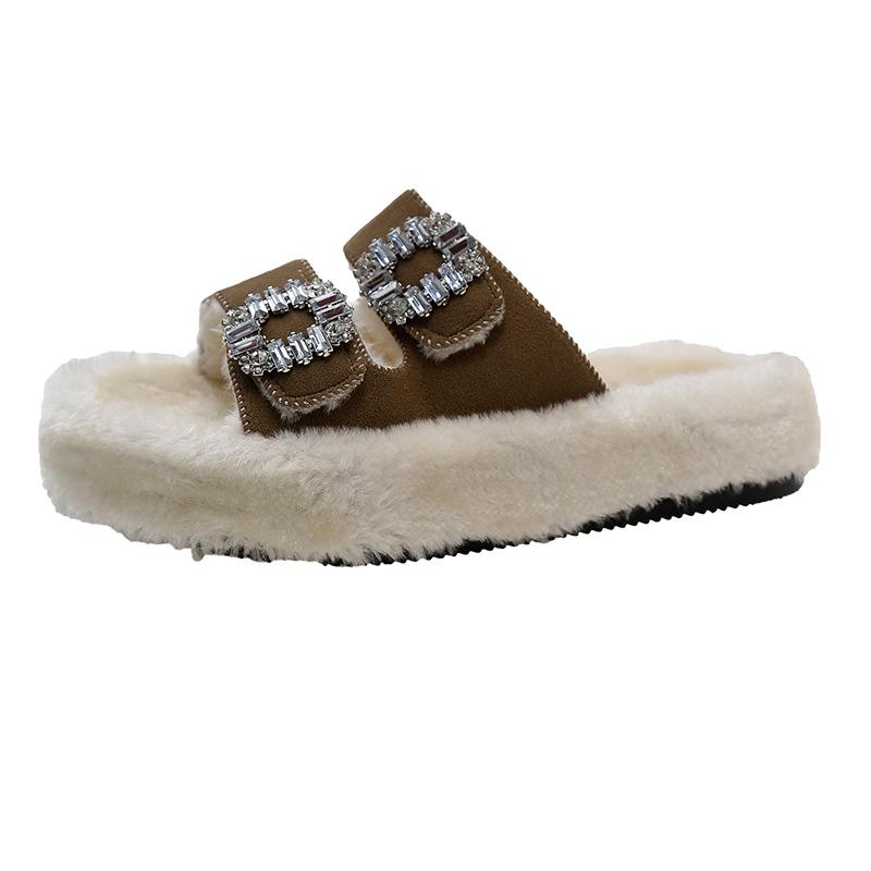 Internet celebrities popular rhinestone square buckle lamb fur fur integrated flat bottom cotton drag open toe casual warm fluffy slippers women