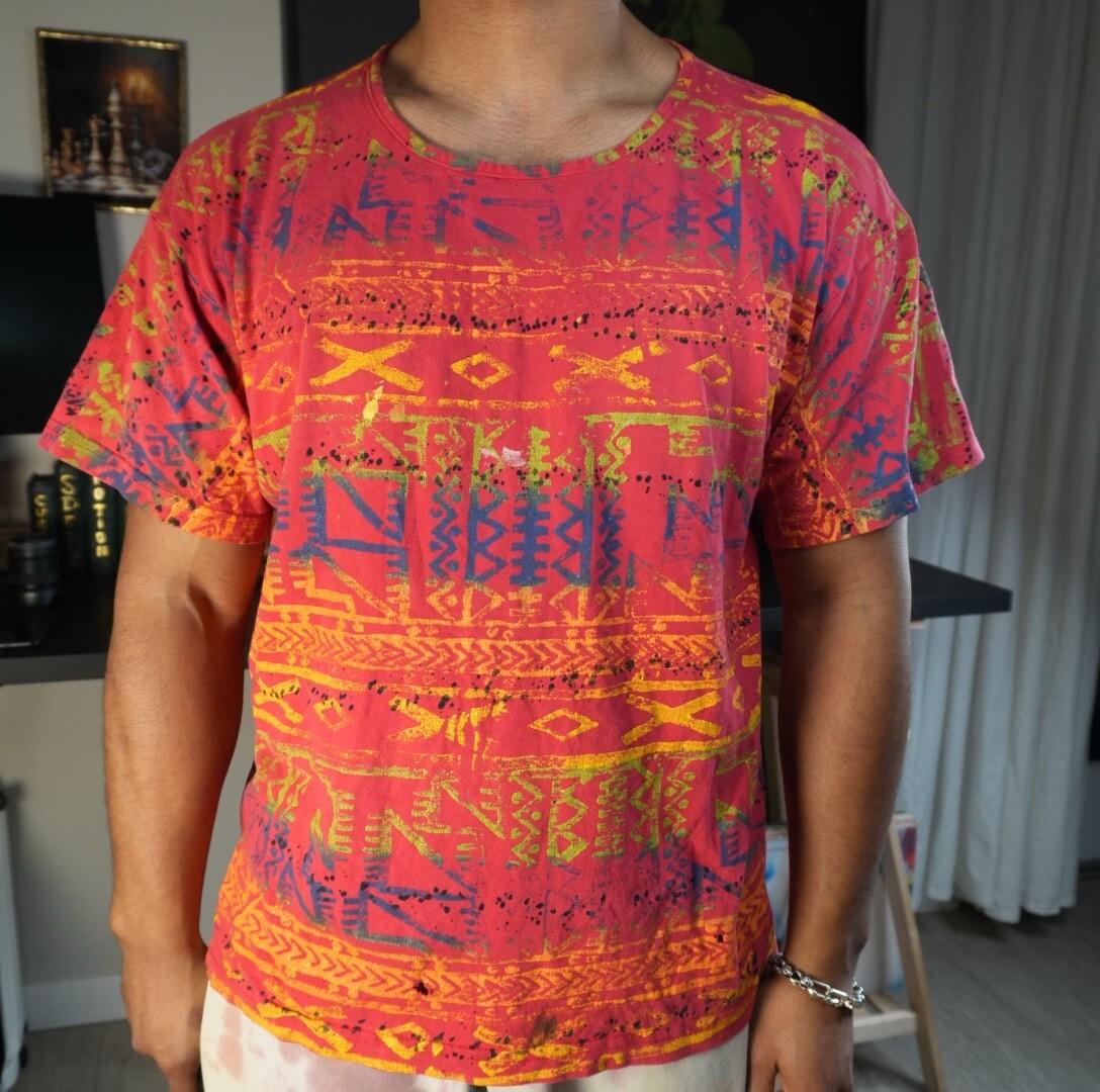 Vintage EZL Tribal Tee Shirt One Size USA Short Sleeve 90s Paint Distressed Unisex T-Shirt M