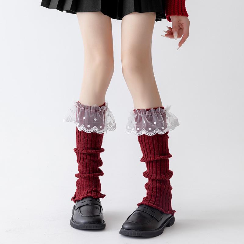 Angora Red Lolita Lace Calf Socks for Women - Korean Style Autumn/Winter Ballet Leg Warmers, Perfect for New Year and Christmas.