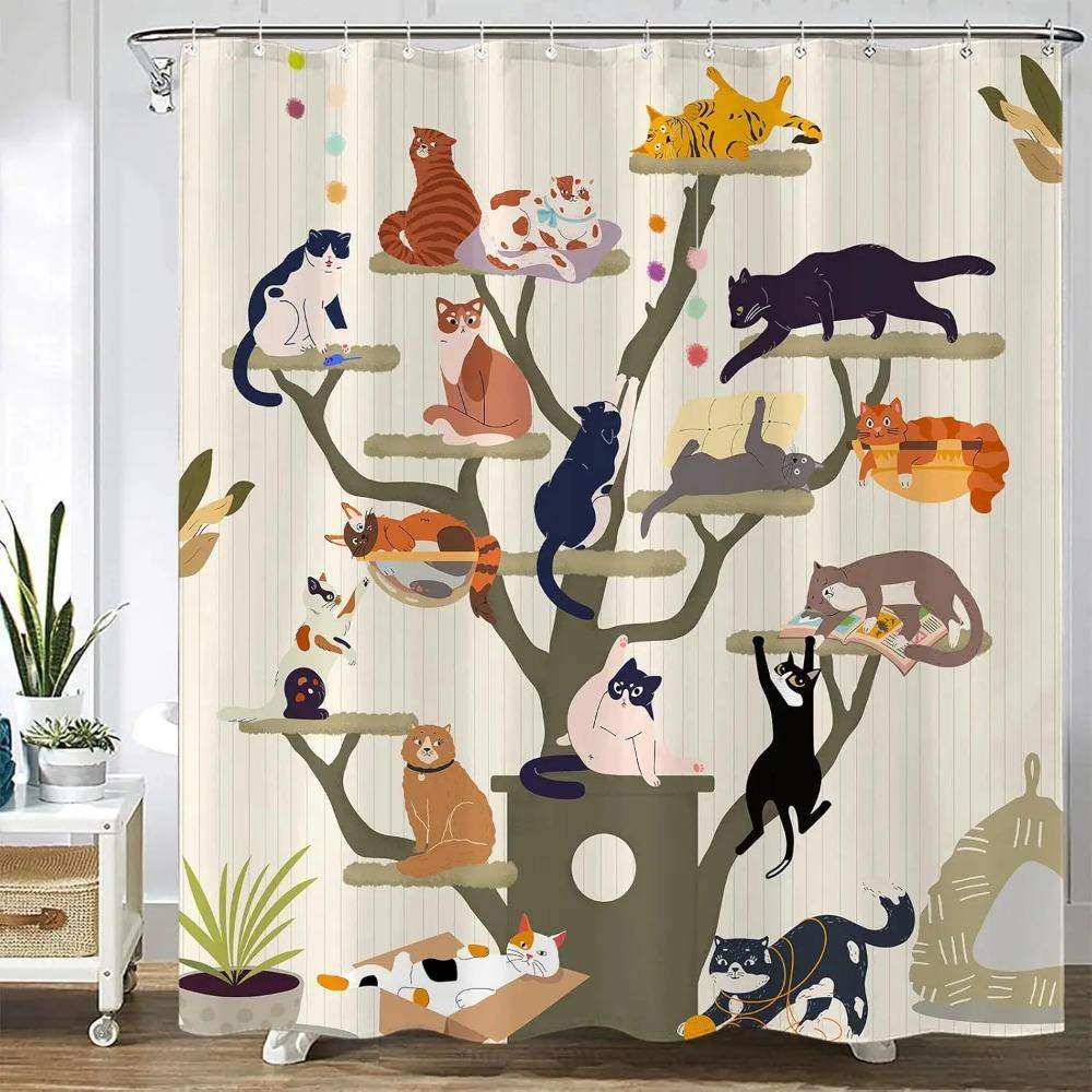 Funny Cartoon Cat Tree Printed Shower Curtain Cute Boho Anime Kittens For Bathroom Decor