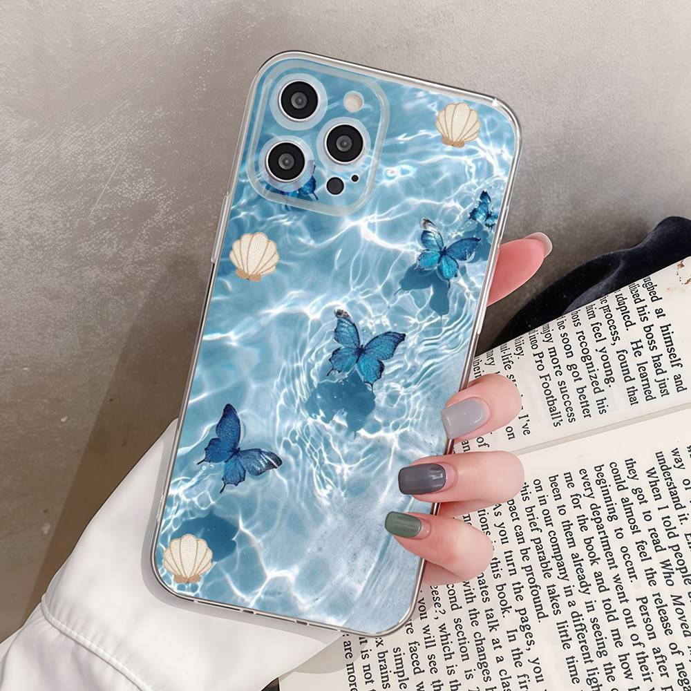 Blue Butterfly Ocean Waves Phone Case For iPhone 17 15 14 13 11 12 16 Pro Max Plus Mini Transparent Silicone Soft Funda