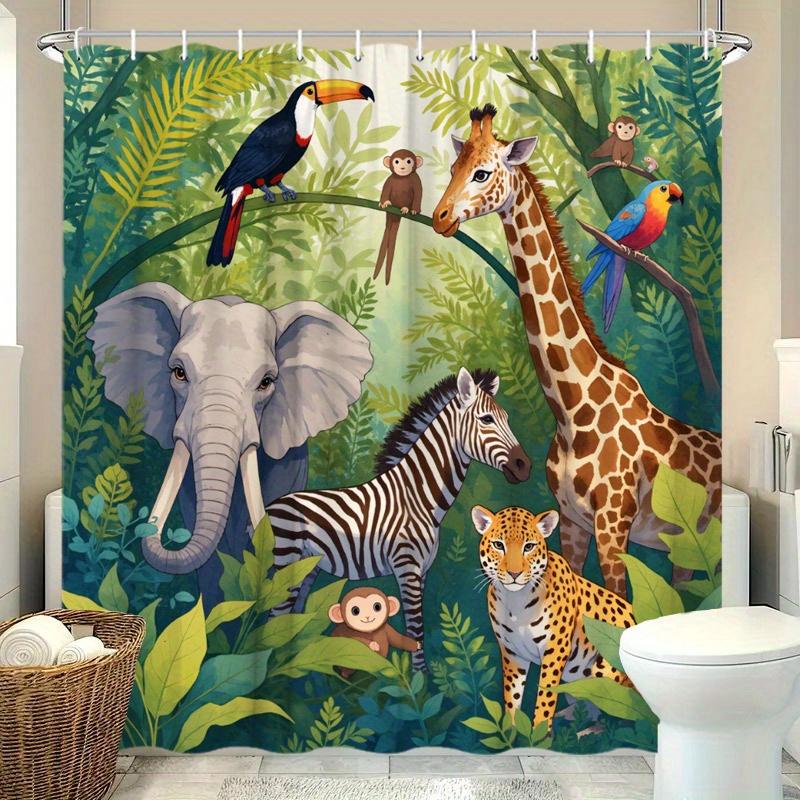 1pc Jungle Safari Shower Curtain with 12 Hooks - Vibrant Giraffe, Elephant, Zebra, Monkey & Colorful Birds Design on Green Folia