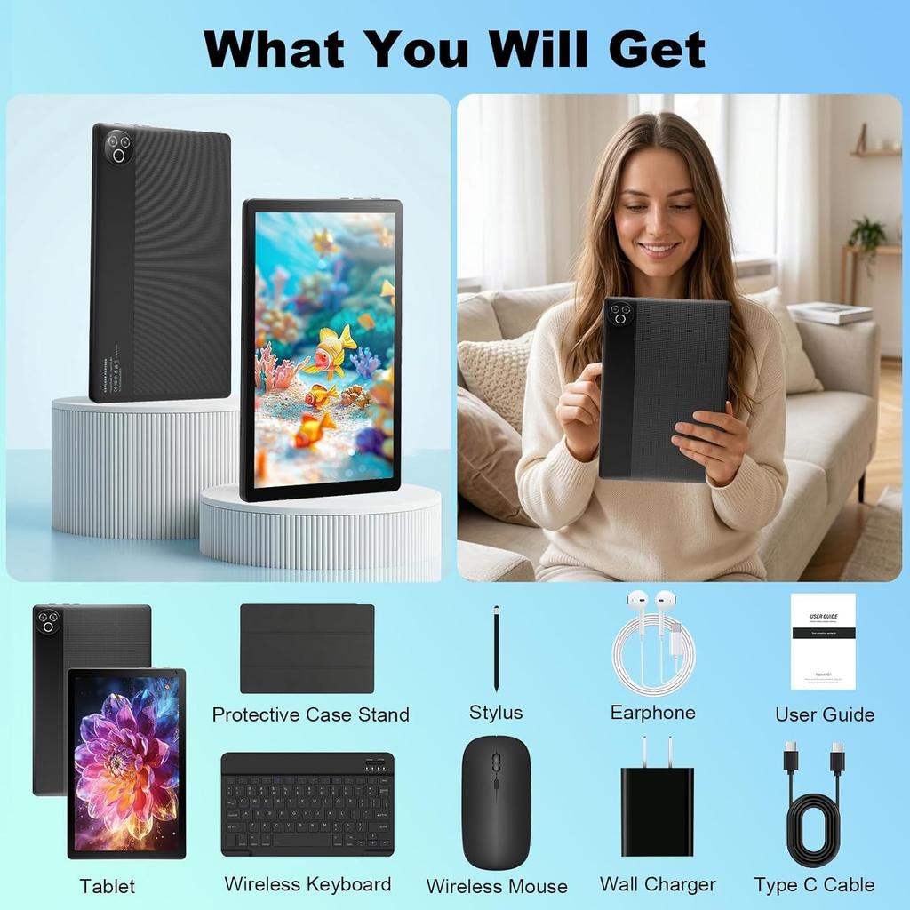 Android 15 tablet, 10.1 Inch, 20GB+64GB, 1TB Expandable, Keyboard Mouse Stylus Set