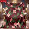 A 2D Flannel Blanket Featuring a Red-pink Rose, Green Leaves, and Berries Pattern, with Soft High-definition Digital Printing. This Cooling Blanket Is