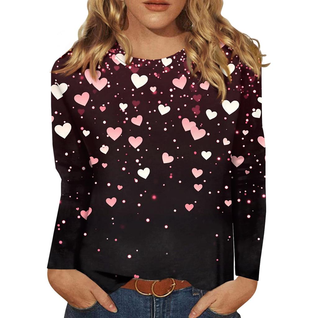 Long Sleeve Shirts For Women Cute Print Graphic Tees Blouses Casual Plus Size Basic Tops Pullover Valentine's Day