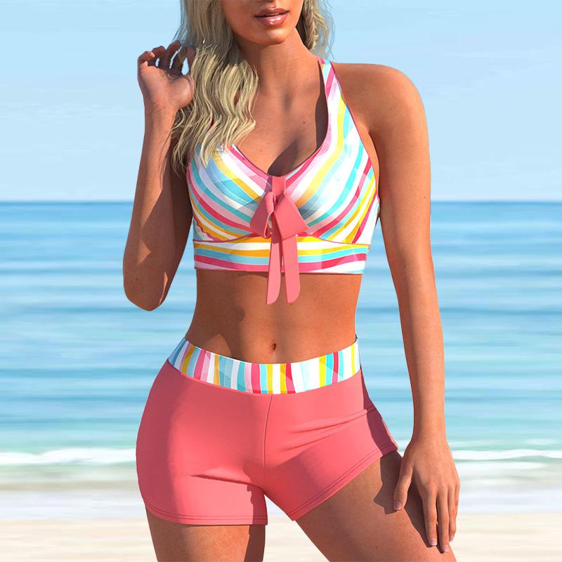 Damski strój kąpielowy z paskiem na ramię. Wielobarwne fale drukuj strój kąpielowy bikini typu tankini