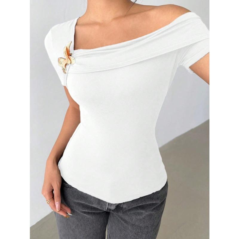 2025 Women's Elegant Simple Sloped Shoulder Top Women's T-Shirt