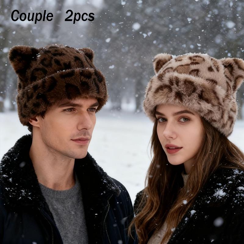 

2pcs Men Women Fashion Autumn Winter Fisherman Hat Cat Ear Plush Basin Hat Leopard Print Warm Cold Mongolian Hat Ear Protection Hat