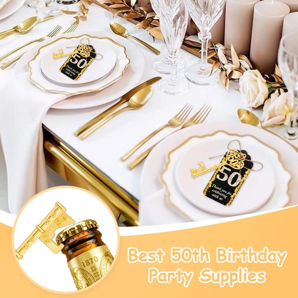 50Pcs 50th Gold Key Bottle Opener 50th Birthday Party Favors, 50th Anniversary Souvenirs Return Gifts 50th Key Beer Bottle Opener With Thank You