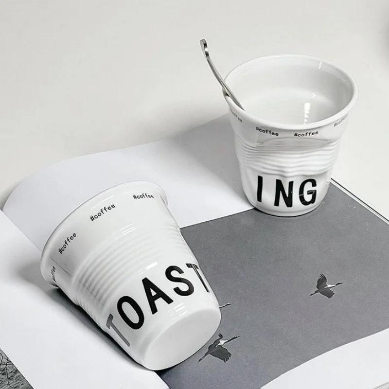 200ml Coffee Mug French Pleated Irregular White Ceramic Nordic Creative Design Wrinkle Cup Tumbler with English Letter Milk Cup