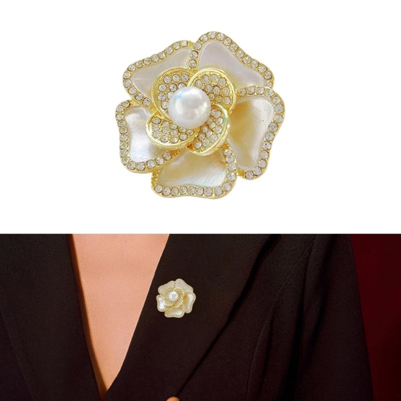 Trendy Camellias Flower Brooch Alloy Rhinestones Floral Pin Versatile Fashion Jewelry Luxurious Camellias Flower Brooch