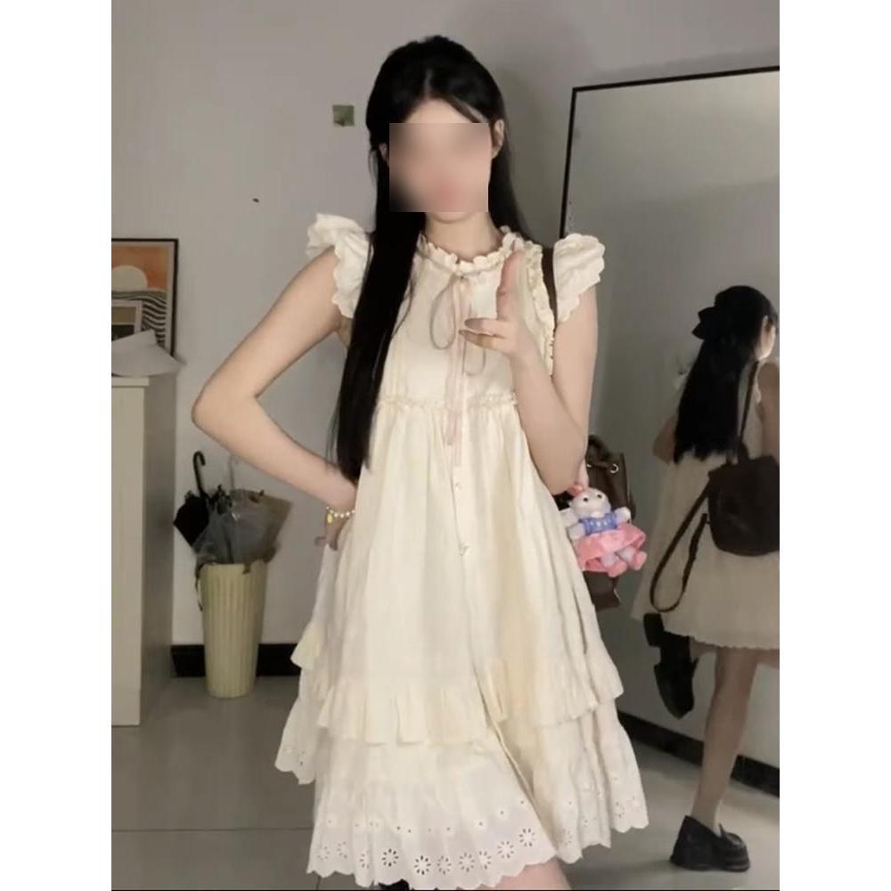 Sweet little fly sleeve dress women's summer new girl fungus edge thin skirt small a-word skirt