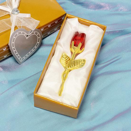 Faux Crystal Rose Flower Gift with Metal Stem Clear Flower Figurine with Gift Box